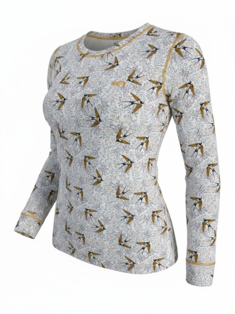 KARI TRAA Bird Print Baselayer Top Nordic Activewear Stretch long sleeve XL